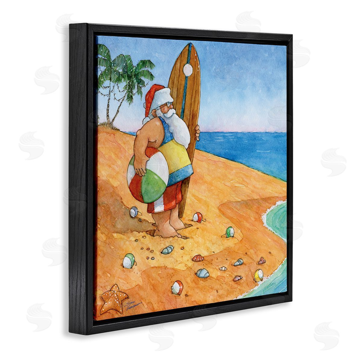 Steve Vanderbosch Santa Claus On Beach Surf Board Tropical Christmas Black Floating Frame Canvas Wall Art Print