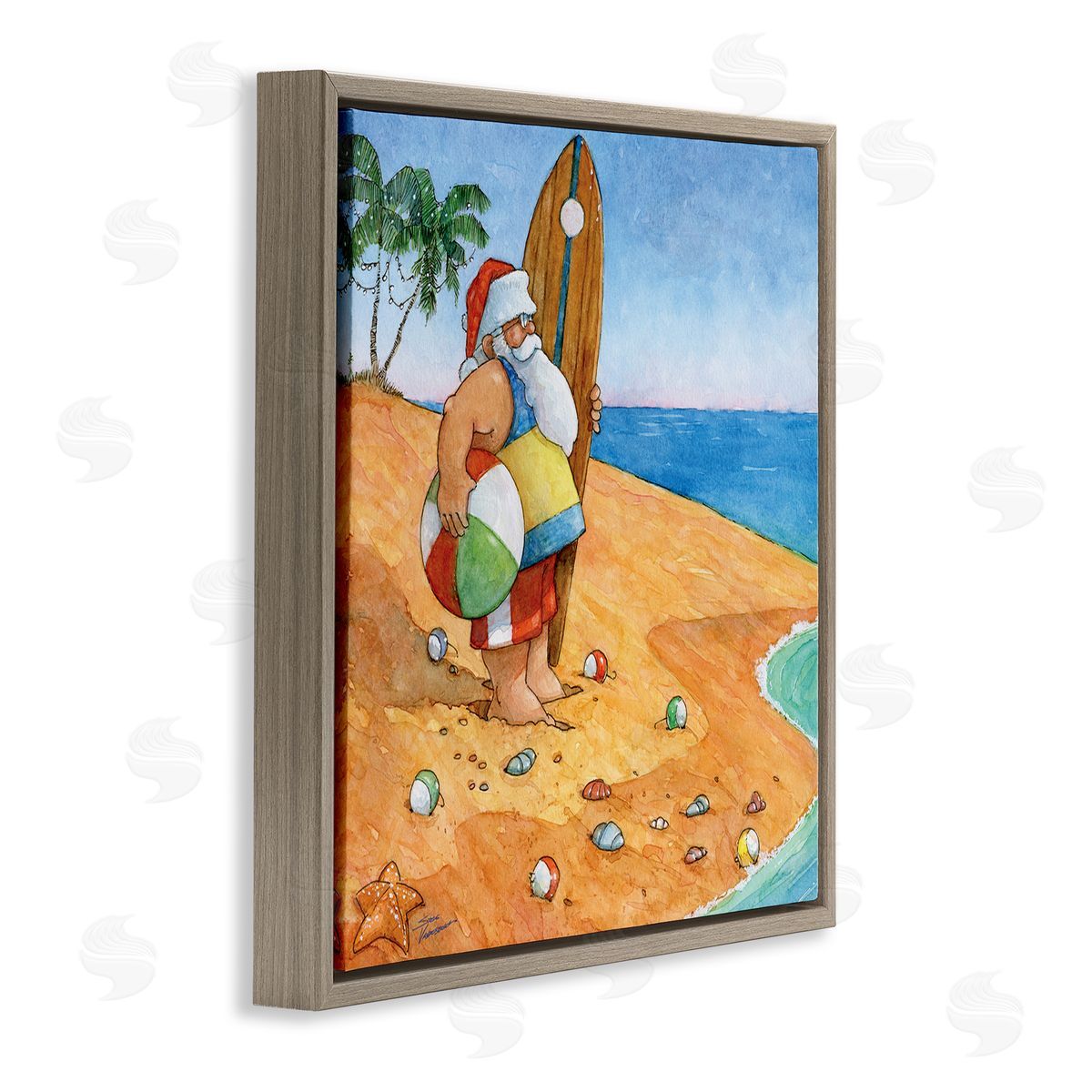 Steve Vanderbosch Santa Claus On Beach Surf Board Tropical Christmas Brown Floating Frame Canvas Wall Art Print