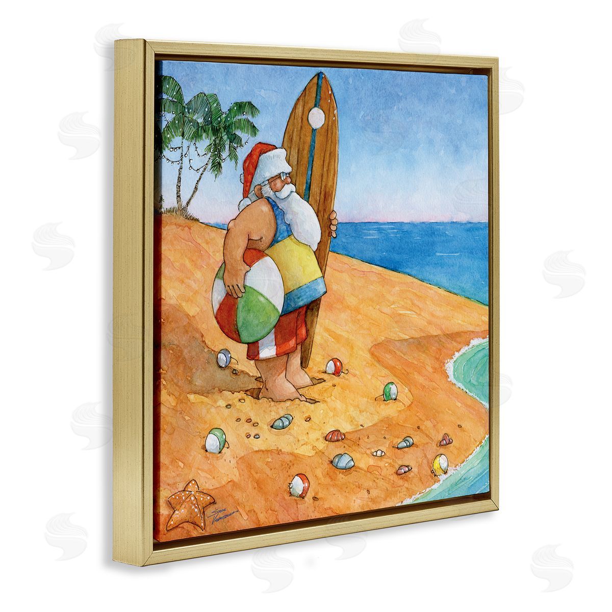 Steve Vanderbosch Santa Claus On Beach Surf Board Tropical Christmas Gold Floating Frame Canvas Wall Art Print