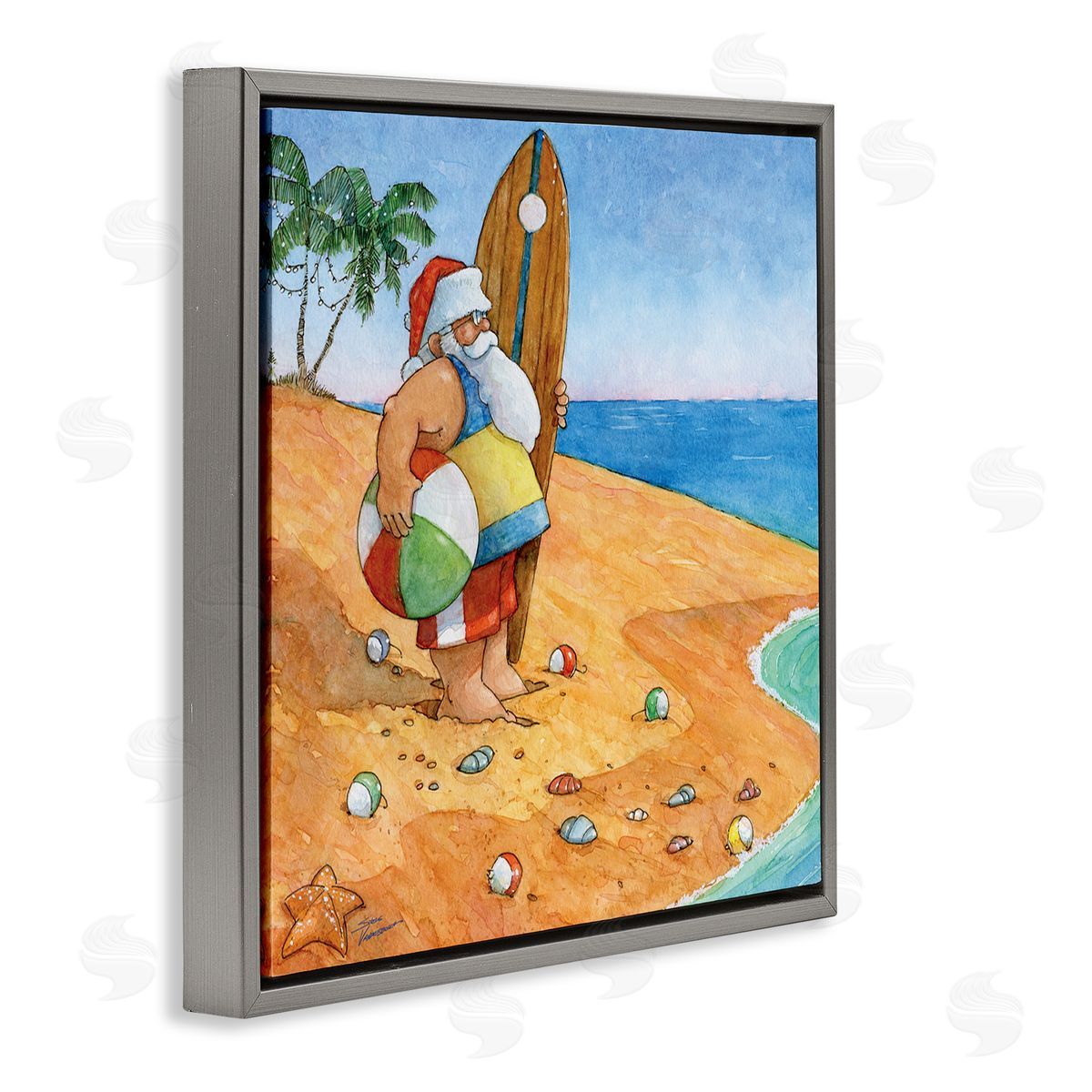 Steve Vanderbosch Santa Claus On Beach Surf Board Tropical Christmas Gray Floating Frame Canvas Wall Art Print