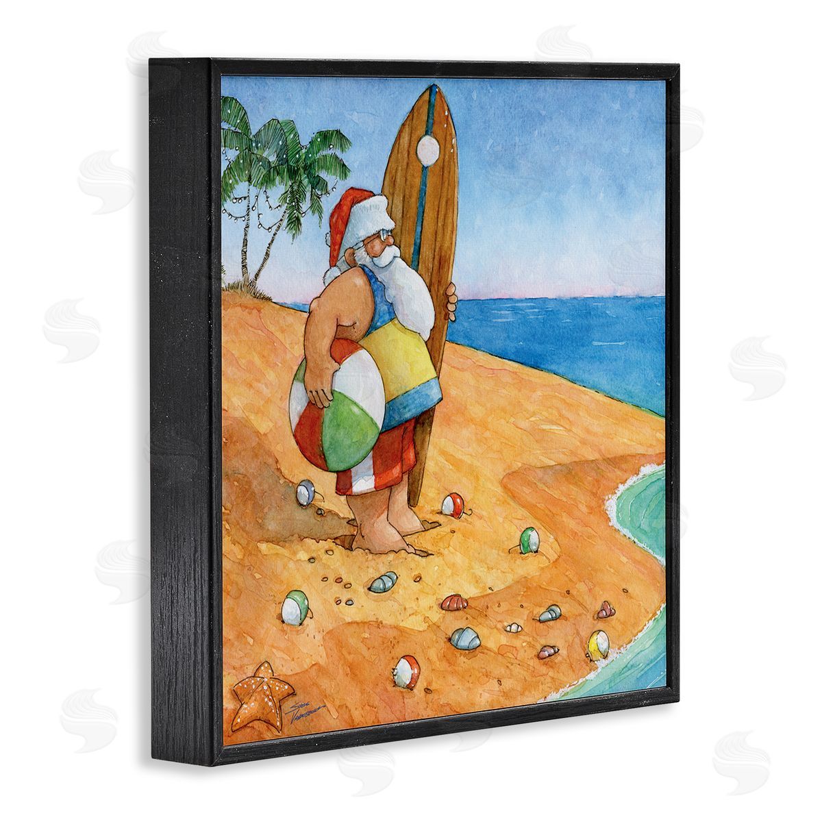 Steve Vanderbosch Santa Claus On Beach Surf Board Tropical Christmas Black Framed Glicee Wall Art Print