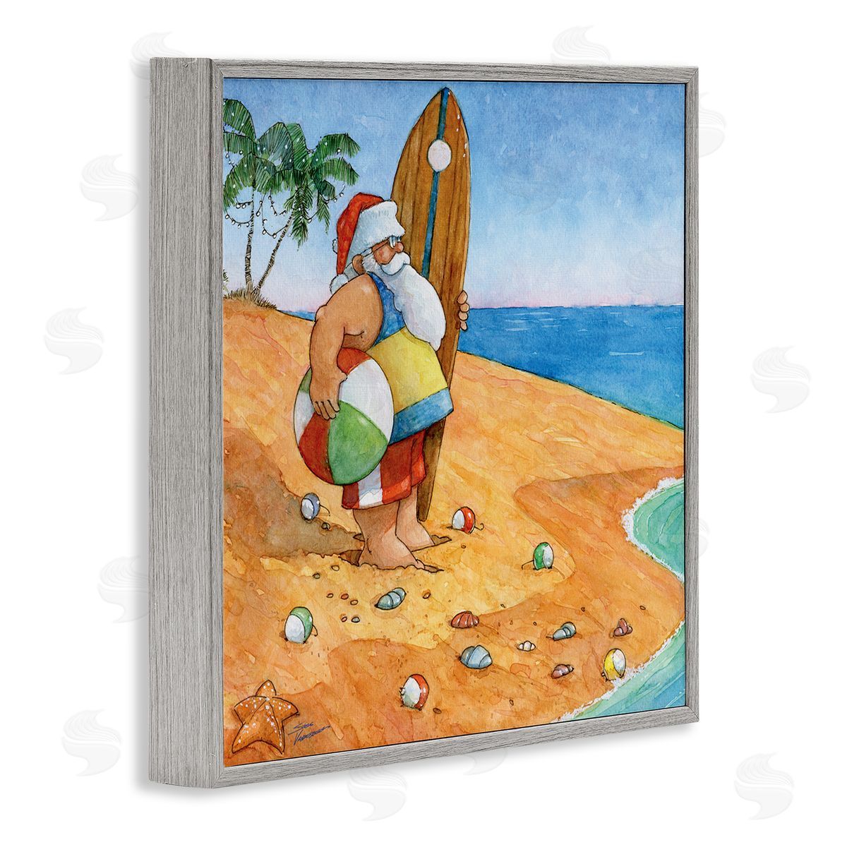 Steve Vanderbosch Santa Claus On Beach Surf Board Tropical Christmas Gray Framed Glicee Wall Art Print