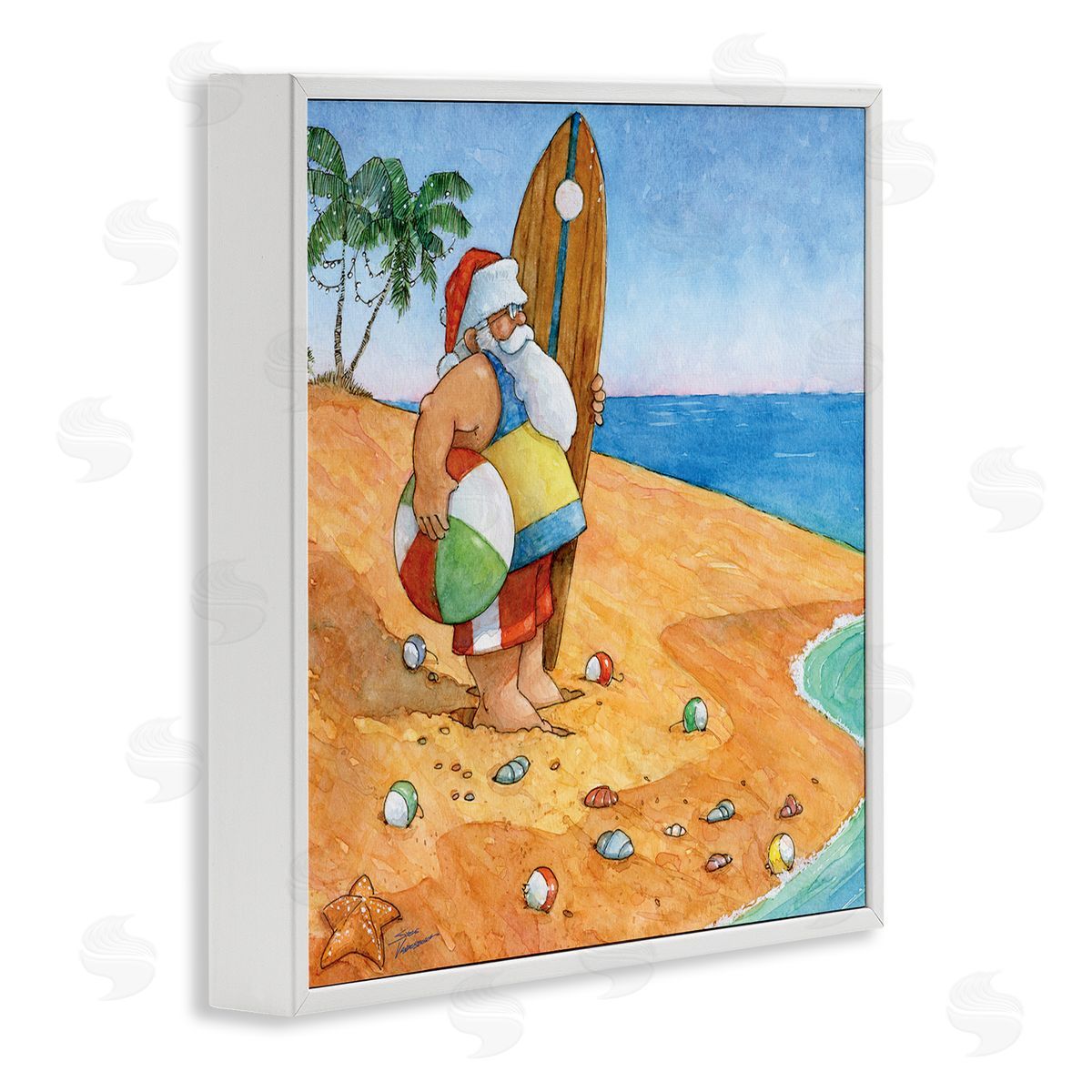 Steve Vanderbosch Santa Claus On Beach Surf Board Tropical Christmas White Framed Glicee Wall Art Print