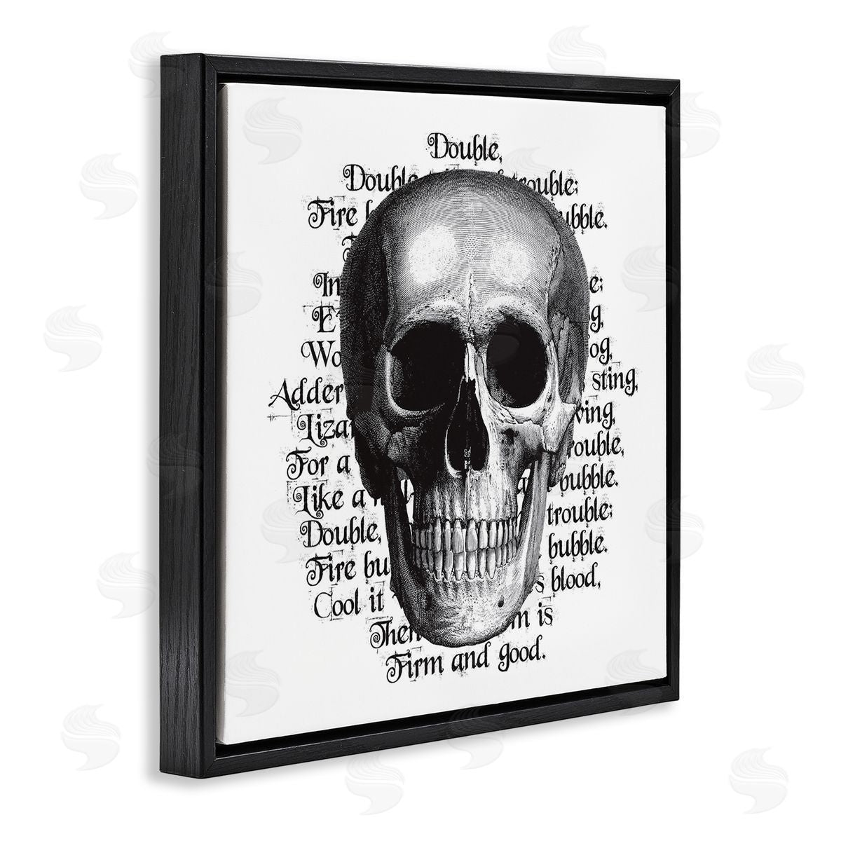 Lettered and Lined Spooky Skull Layered Vintage Script Hex Text  Black Floating Frame Canvas Wall Art Print