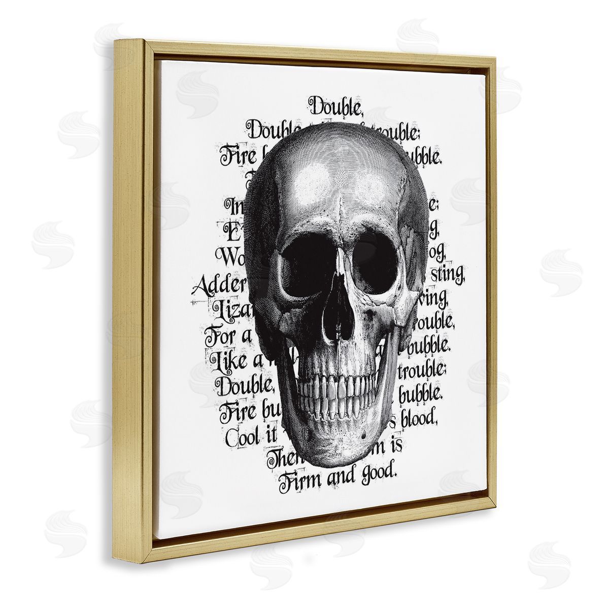 Lettered and Lined Spooky Skull Layered Vintage Script Hex Text  Gold Floating Frame Canvas Wall Art Print