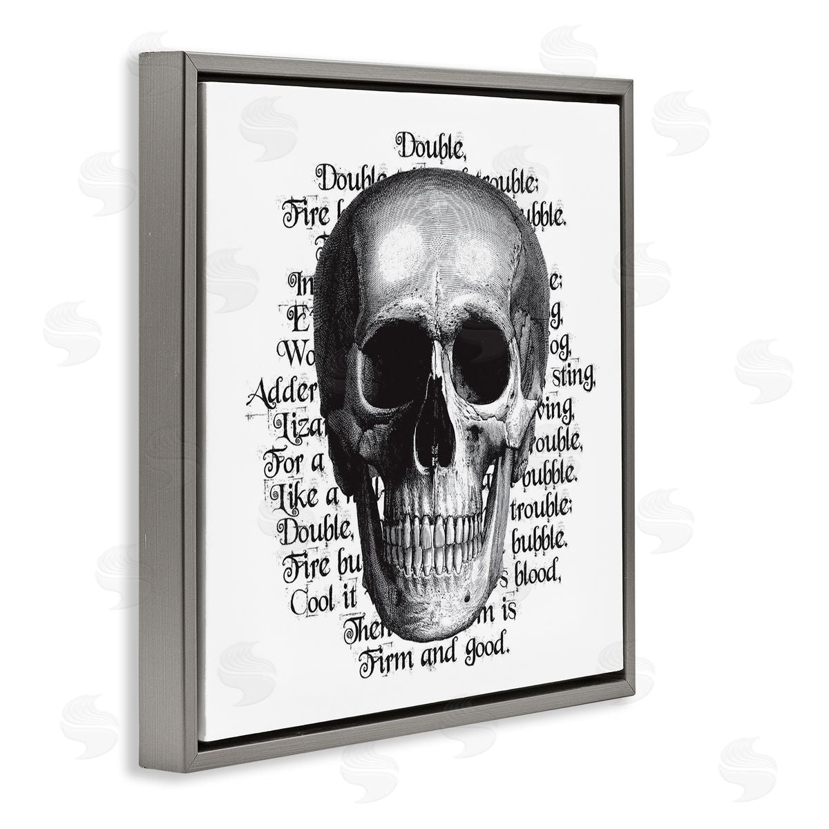 Lettered and Lined Spooky Skull Layered Vintage Script Hex Text  Gray Floating Frame Canvas Wall Art Print