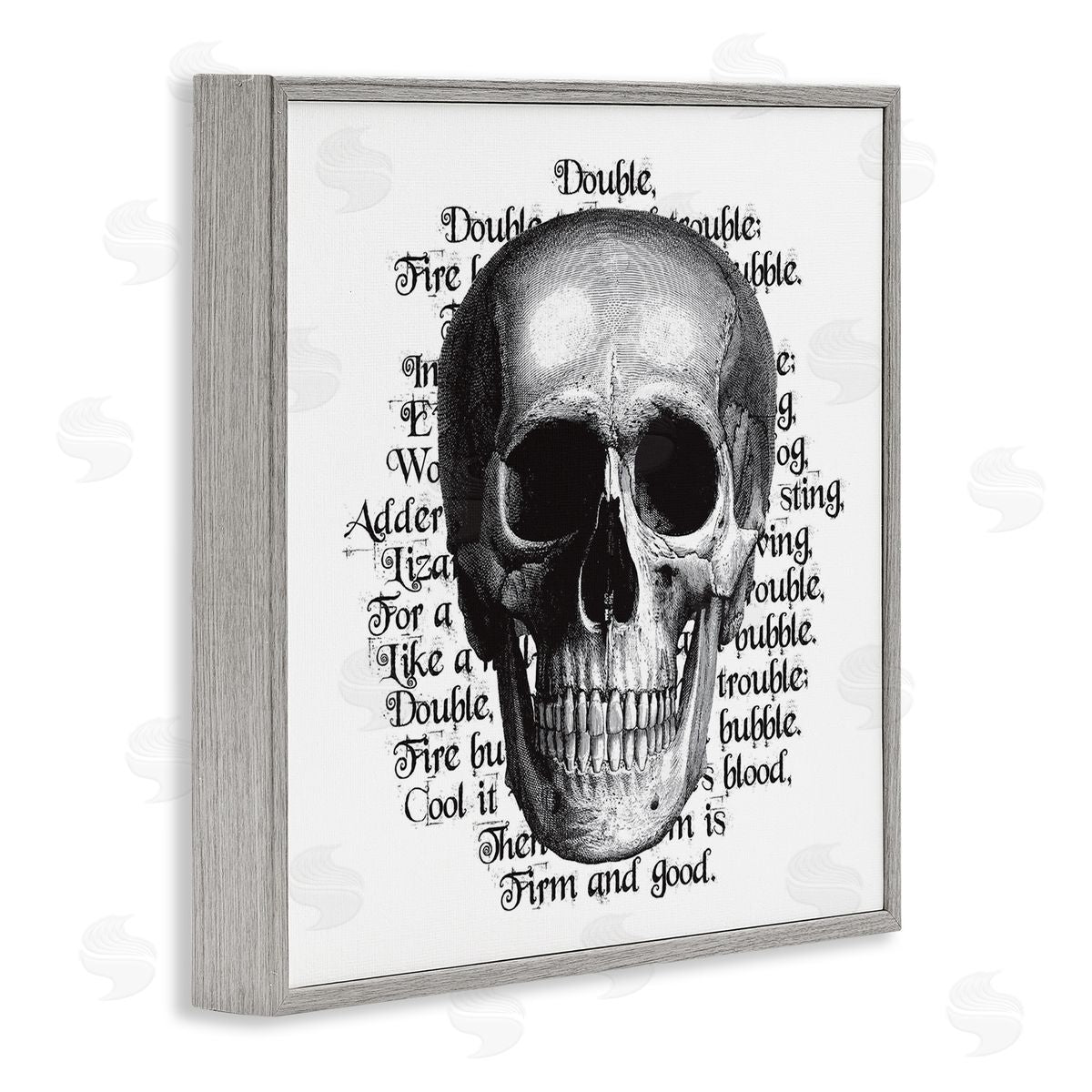 Lettered and Lined Spooky Skull Layered Vintage Script Hex Text  Gray Framed Glicee Wall Art Print