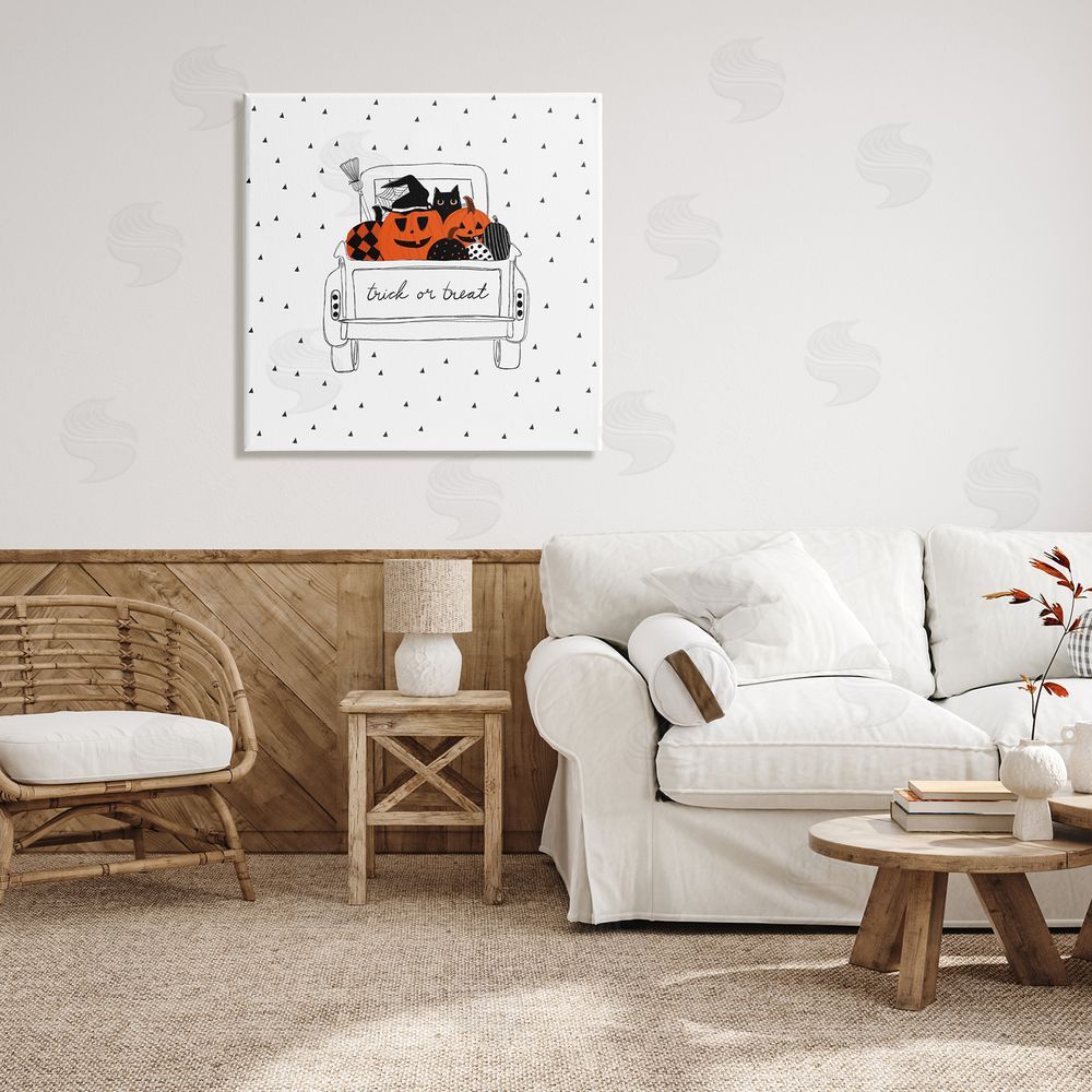Amylee Weeks Trick Or Treat Truck Pumpkins Doodle Style Drawing Canvas Wall Art in Room