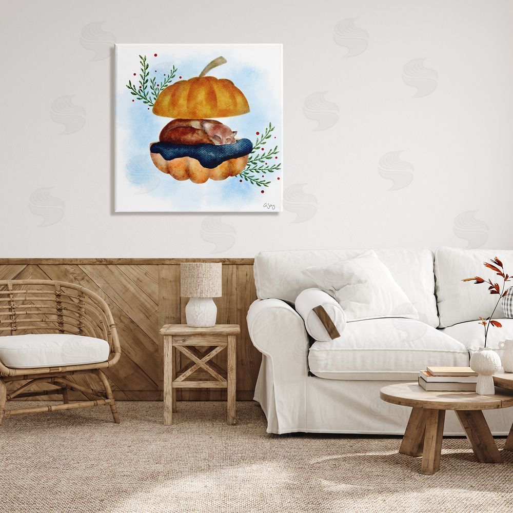 Ale Saiz Studio Red Fox Slumbering Autumn Pumpkin Botanical Leaves Canvas Wall Art in Room