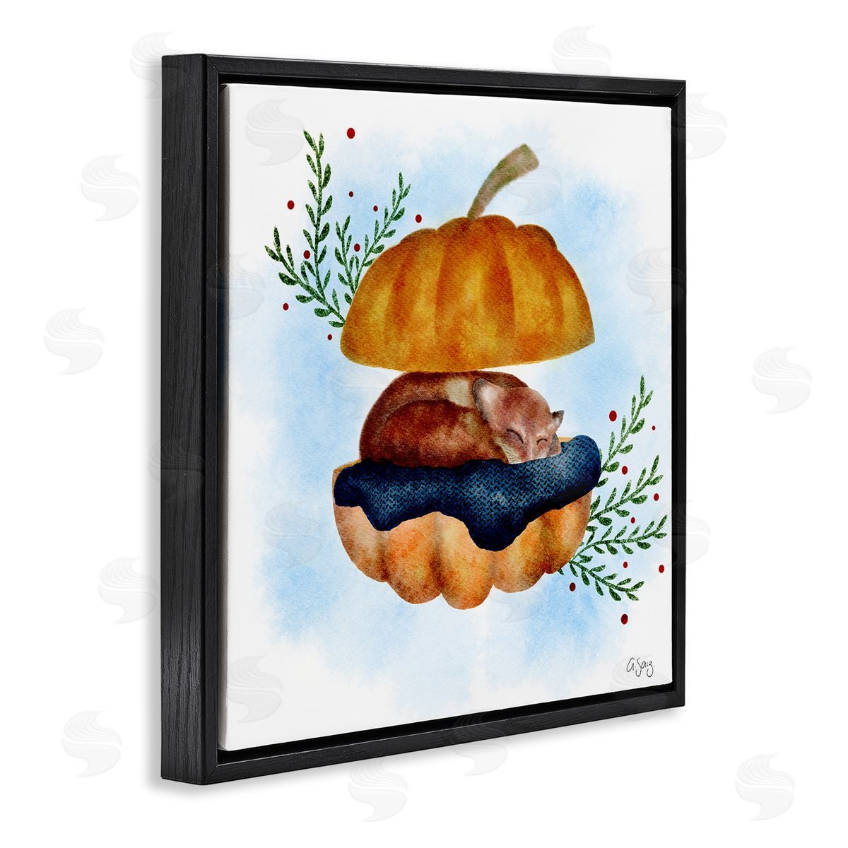 Ale Saiz Studio Red Fox Slumbering Autumn Pumpkin Botanical Leaves Black Floating Frame Canvas Wall Art Print