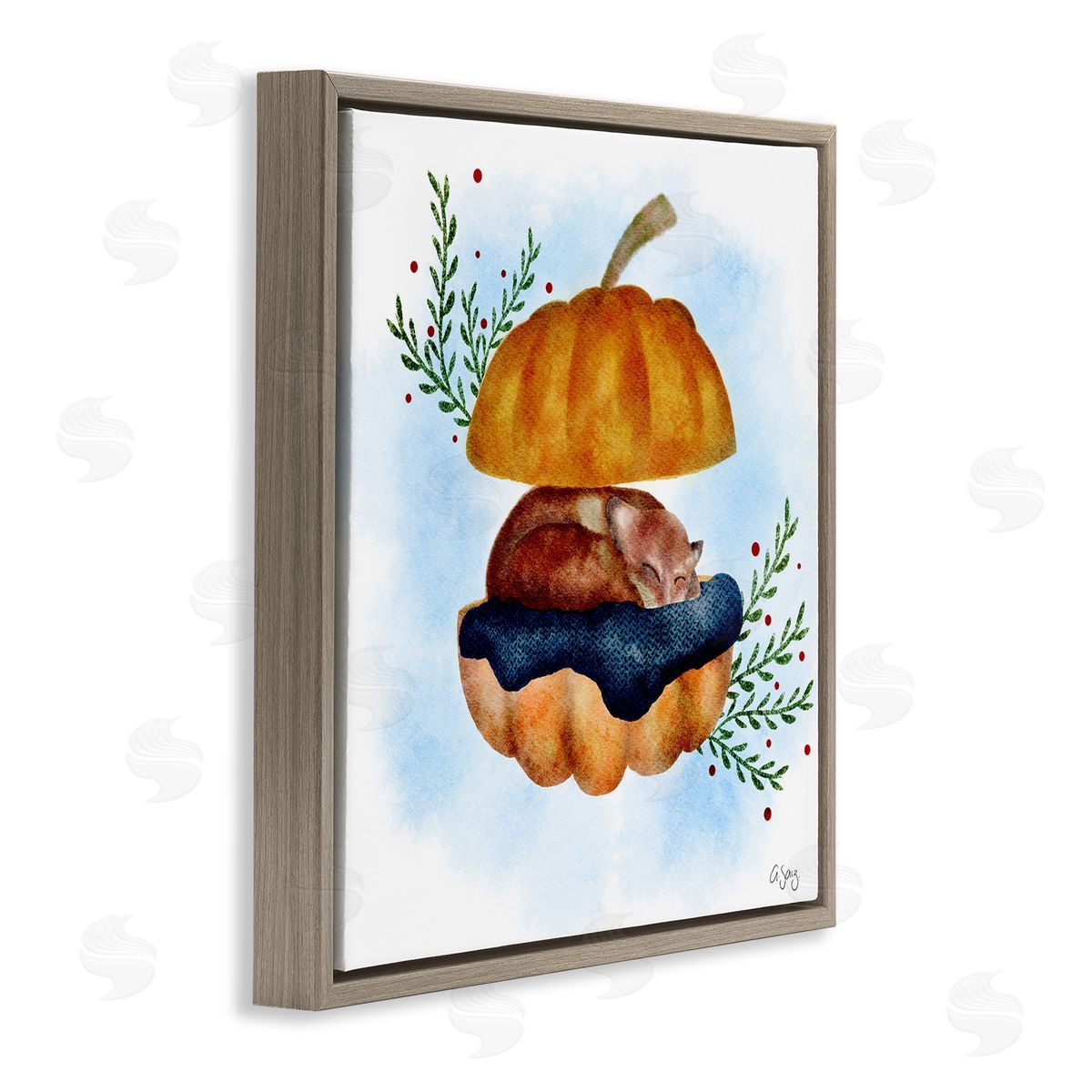Ale Saiz Studio Red Fox Slumbering Autumn Pumpkin Botanical Leaves Brown Floating Frame Canvas Wall Art Print