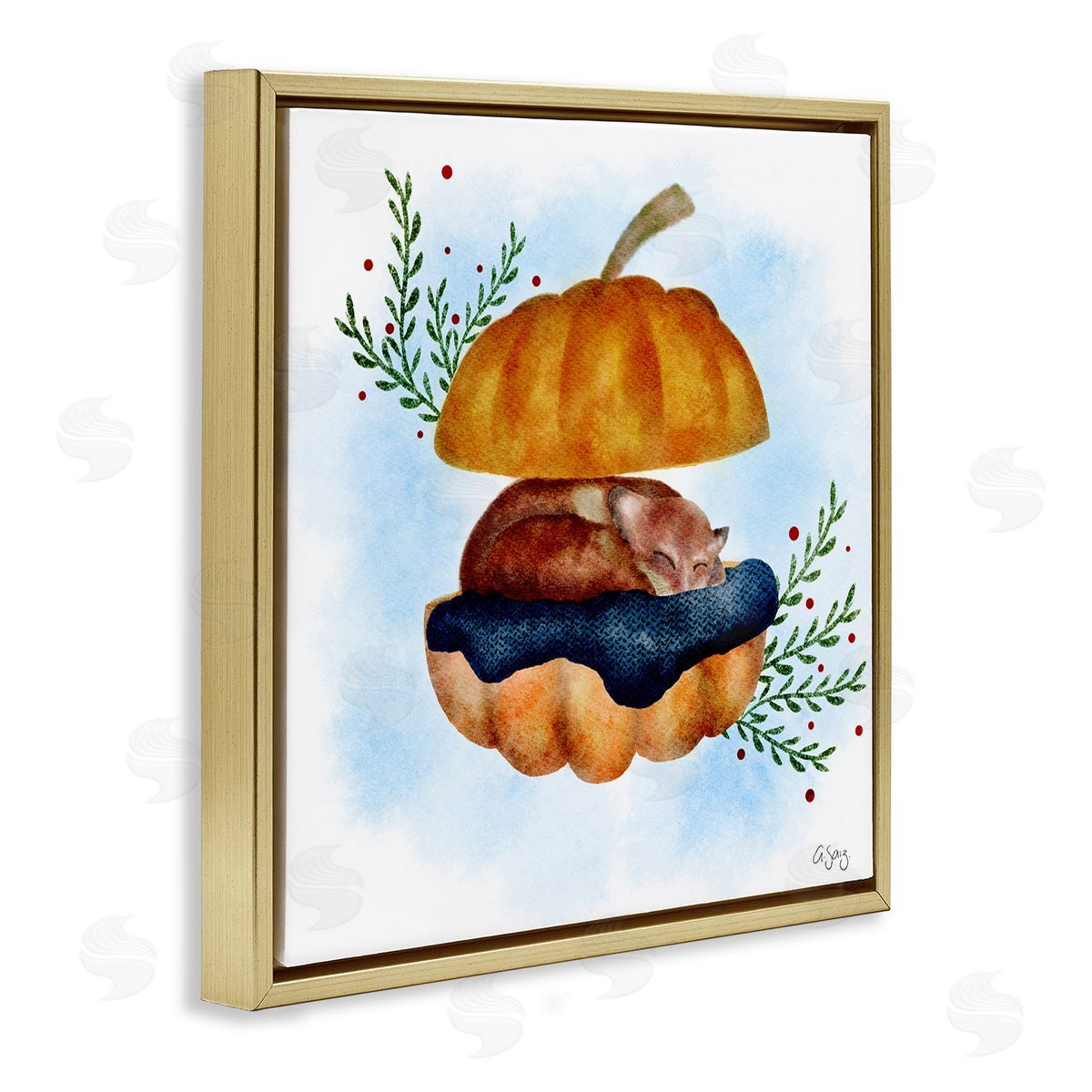 Ale Saiz Studio Red Fox Slumbering Autumn Pumpkin Botanical Leaves Gold Floating Frame Canvas Wall Art Print
