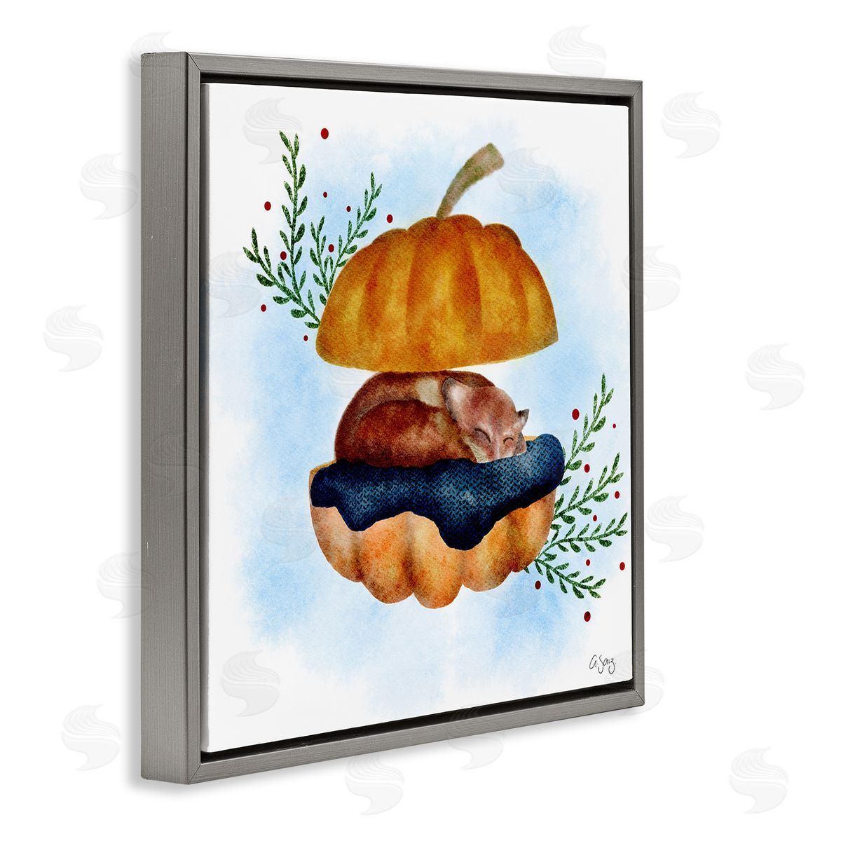 Ale Saiz Studio Red Fox Slumbering Autumn Pumpkin Botanical Leaves Gray Floating Frame Canvas Wall Art Print