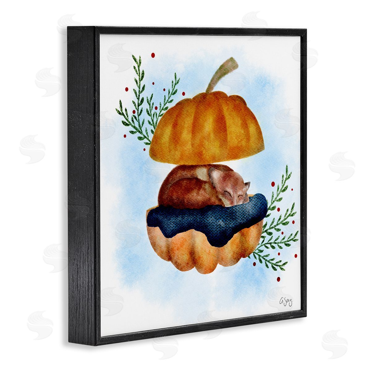 Ale Saiz Studio Red Fox Slumbering Autumn Pumpkin Botanical Leaves Black Framed Glicee Wall Art Print