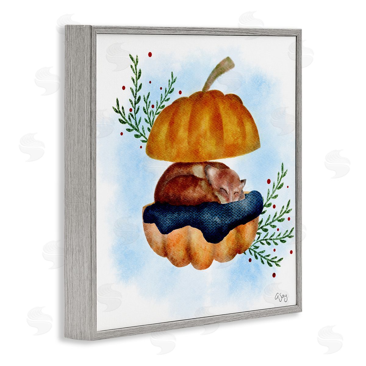 Ale Saiz Studio Red Fox Slumbering Autumn Pumpkin Botanical Leaves Gray Framed Glicee Wall Art Print