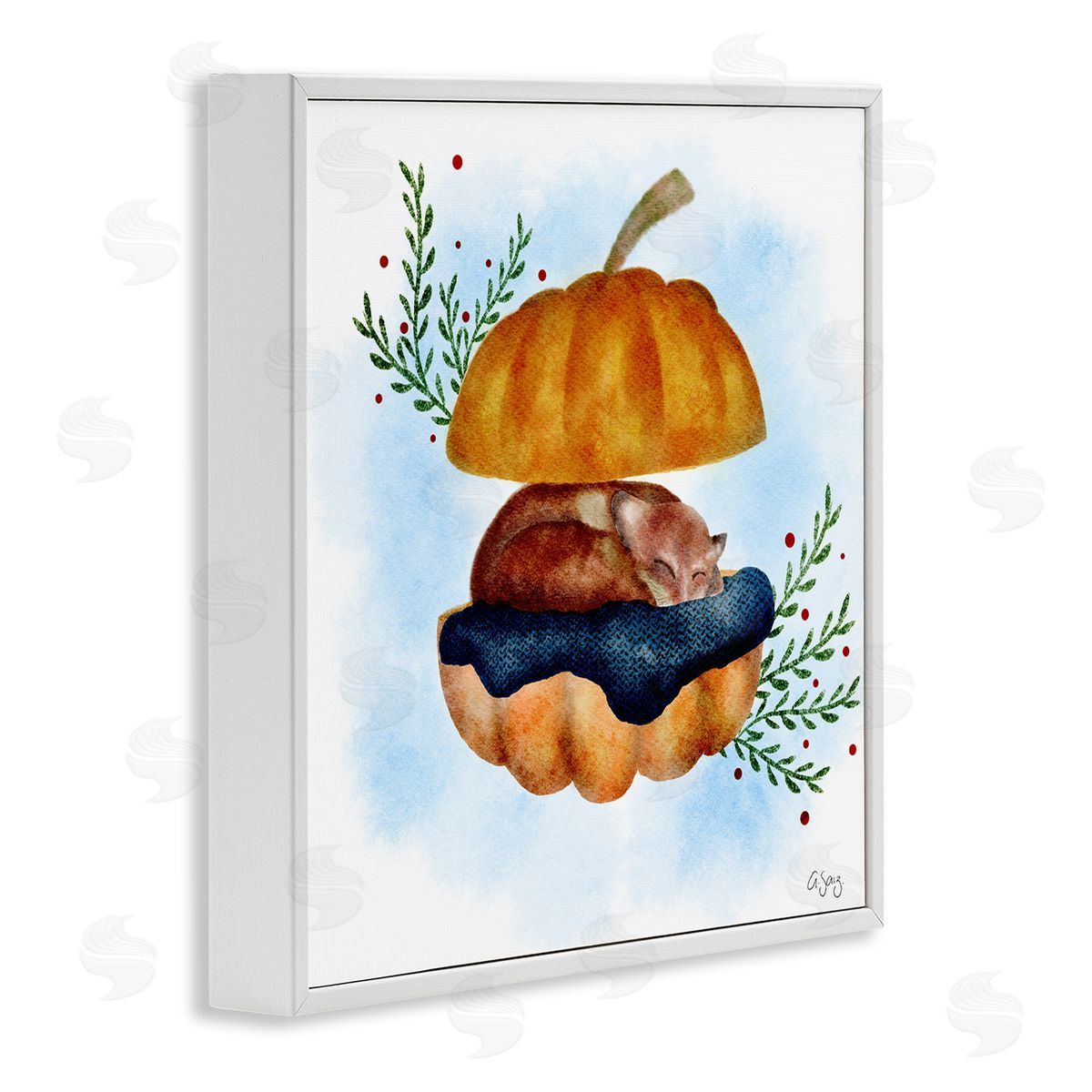 Ale Saiz Studio Red Fox Slumbering Autumn Pumpkin Botanical Leaves White Framed Glicee Wall Art Print