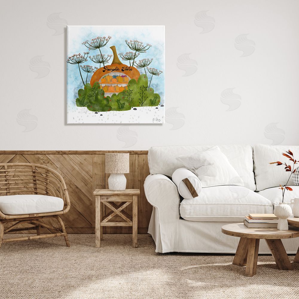 Ale Saiz Studio Pumpkin Store Beneath Dandelions Whimsical Autumn Scenery Canvas Wall Art in Room