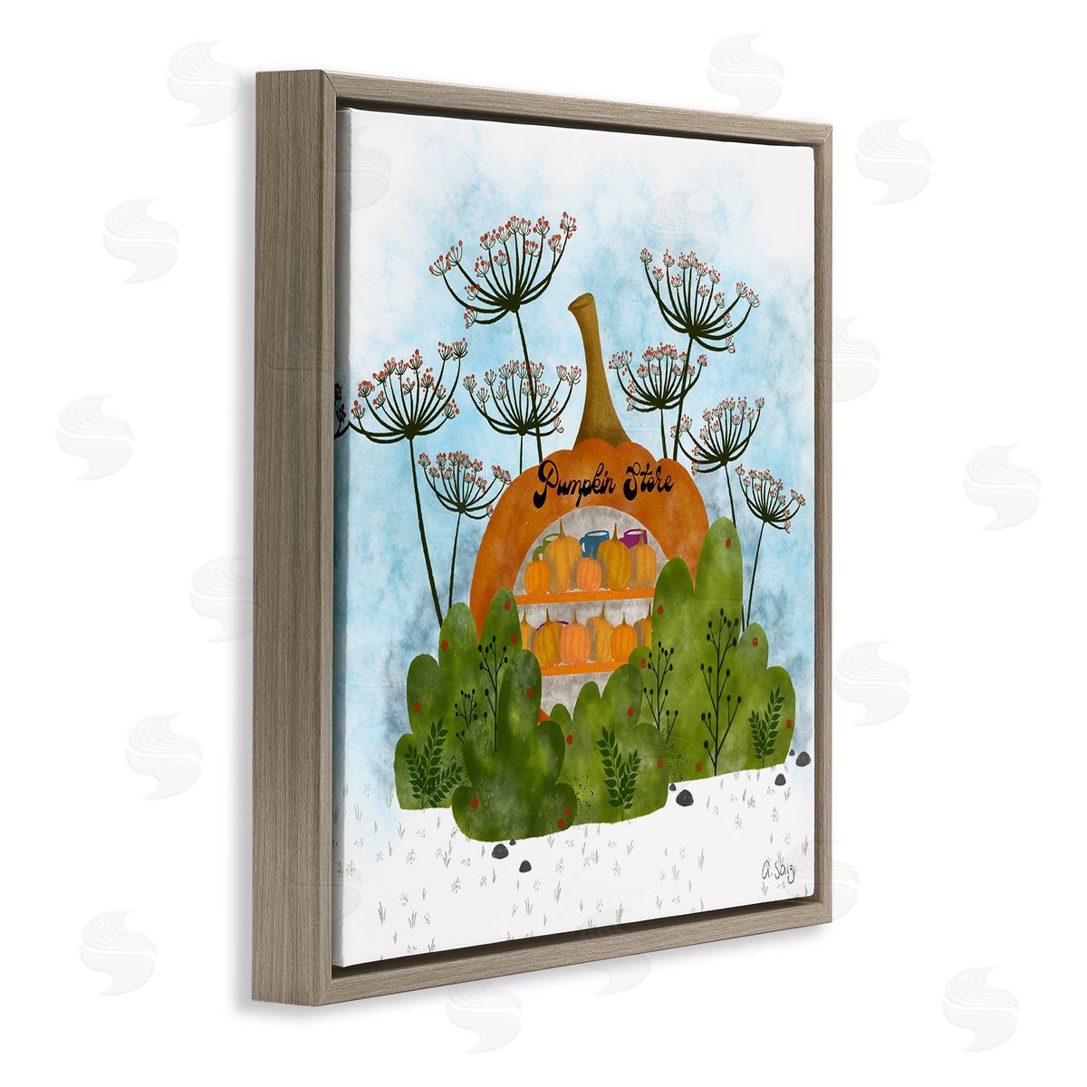 Ale Saiz Studio Pumpkin Store Beneath Dandelions Whimsical Autumn Scenery Brown Floating Frame Canvas Wall Art Print