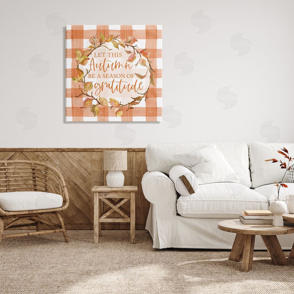 Lux + Me Designs Season Of Gratitude Autumnal Country Plaid Leaf Border Canvas Wall Art in Room
