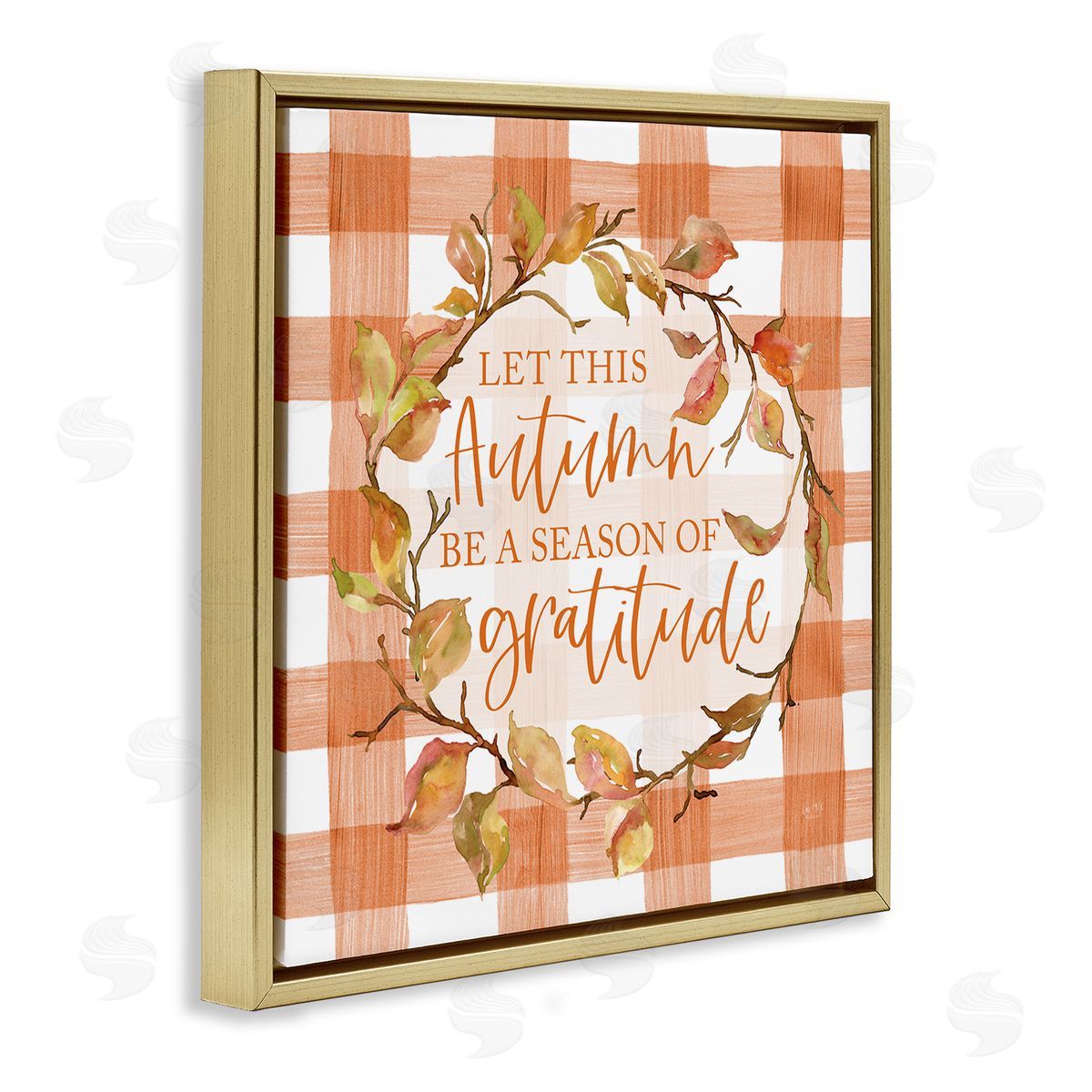 Lux + Me Designs Season Of Gratitude Autumnal Country Plaid Leaf Border Gold Floating Frame Canvas Wall Art Print