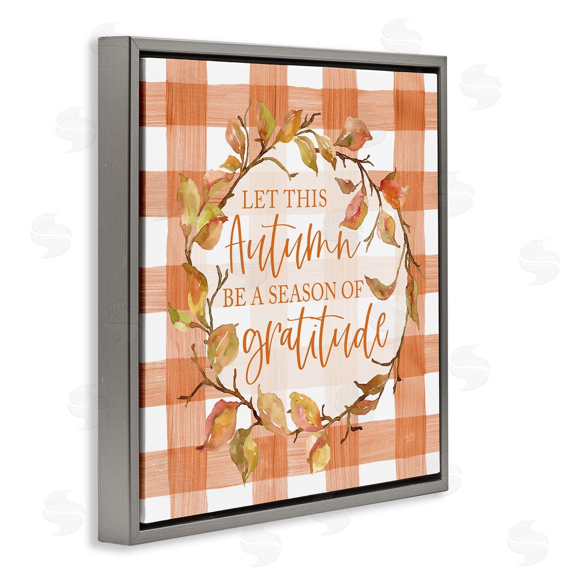 Lux + Me Designs Season Of Gratitude Autumnal Country Plaid Leaf Border Gray Floating Frame Canvas Wall Art Print