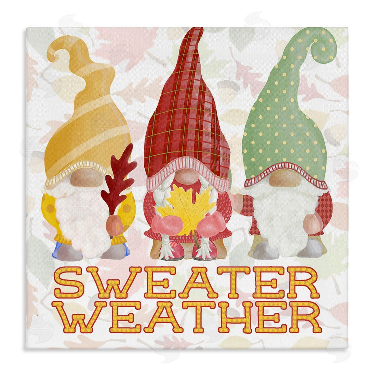 Andi Metz Sweater Weather Warmly Dressed Gnomes Leaf Pattern Stretched Canvas Wall Art Print