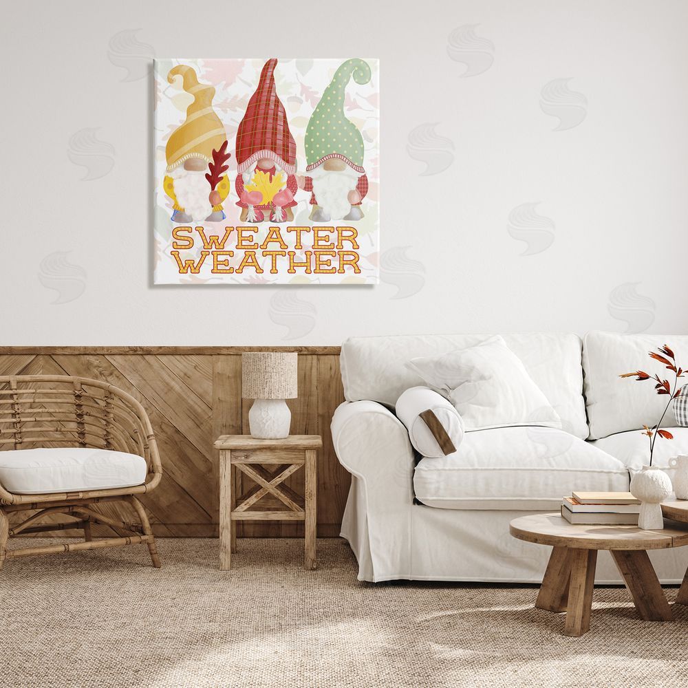Andi Metz Sweater Weather Warmly Dressed Gnomes Leaf Pattern Canvas Wall Art in Room