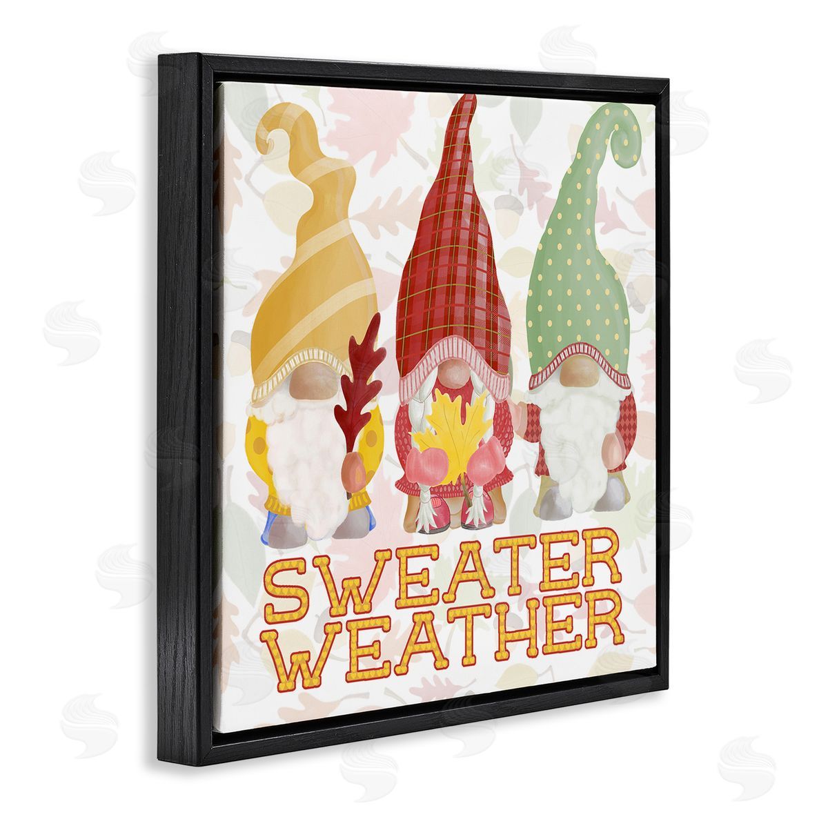 Andi Metz Sweater Weather Warmly Dressed Gnomes Leaf Pattern Black Floating Frame Canvas Wall Art Print