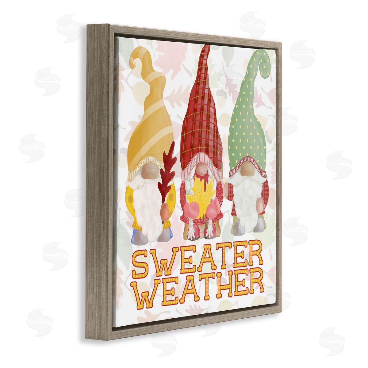 Andi Metz Sweater Weather Warmly Dressed Gnomes Leaf Pattern Brown Floating Frame Canvas Wall Art Print