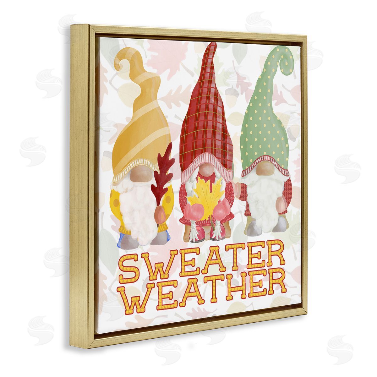 Andi Metz Sweater Weather Warmly Dressed Gnomes Leaf Pattern Gold Floating Frame Canvas Wall Art Print