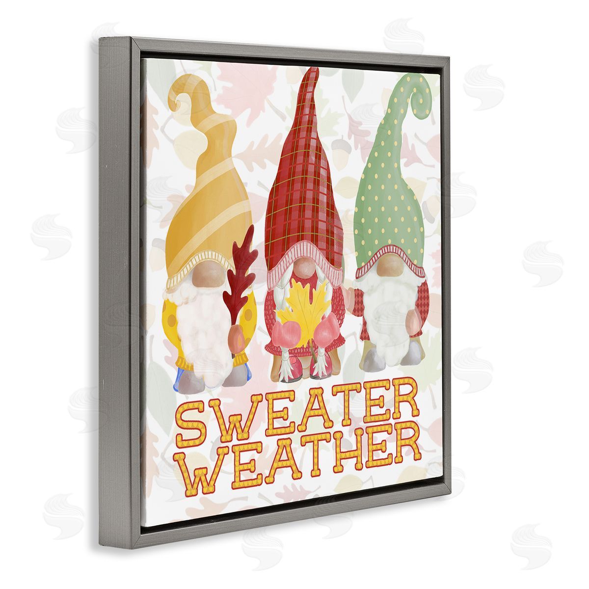 Andi Metz Sweater Weather Warmly Dressed Gnomes Leaf Pattern Gray Floating Frame Canvas Wall Art Print