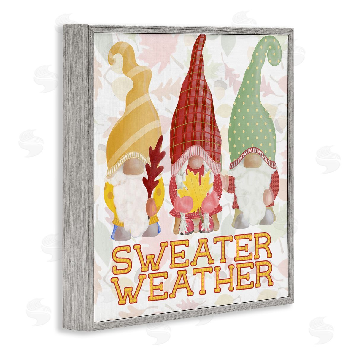 Andi Metz Sweater Weather Warmly Dressed Gnomes Leaf Pattern Gray Framed Glicee Wall Art Print