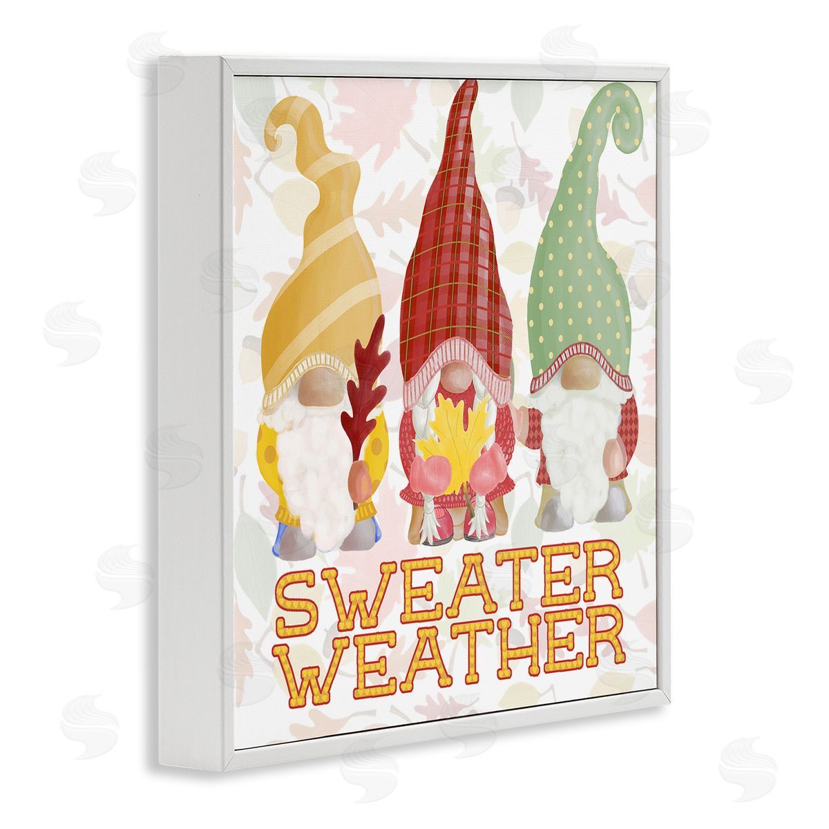 Andi Metz Sweater Weather Warmly Dressed Gnomes Leaf Pattern White Framed Glicee Wall Art Print