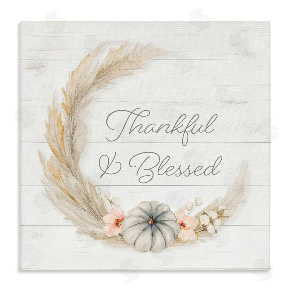 Patricia Pinto Thankful & Blessed Tender Autumnal Phrase Wreath  Stretched Canvas Wall Art Print