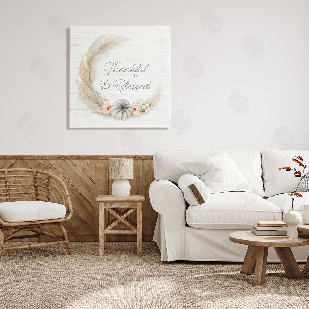Patricia Pinto Thankful & Blessed Tender Autumnal Phrase Wreath  Canvas Wall Art in Room