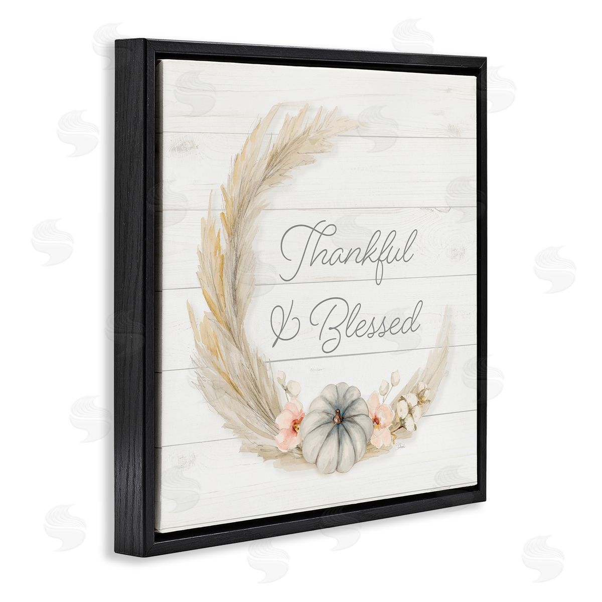 Patricia Pinto Thankful & Blessed Tender Autumnal Phrase Wreath  Black Floating Frame Canvas Wall Art Print