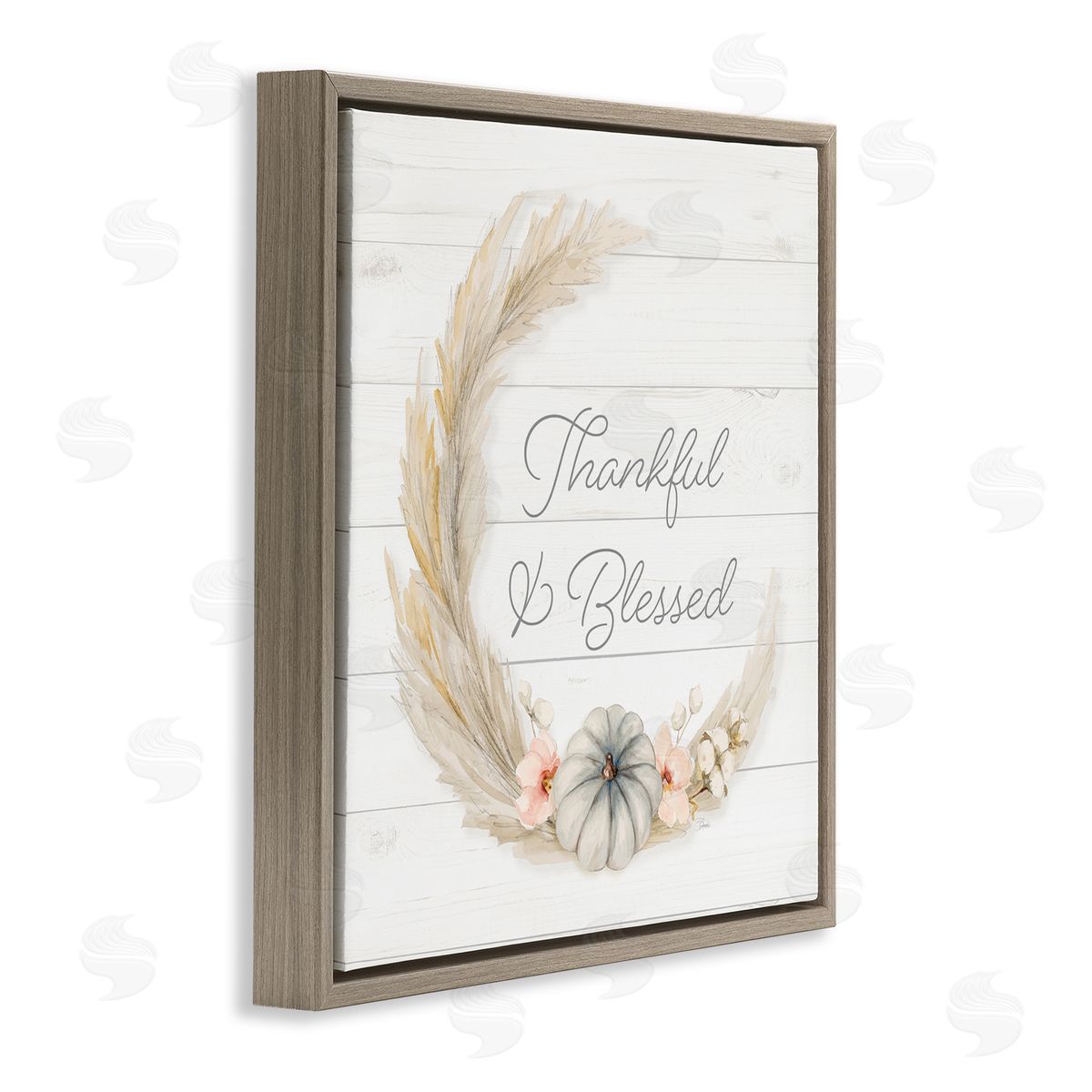 Patricia Pinto Thankful & Blessed Tender Autumnal Phrase Wreath  Brown Floating Frame Canvas Wall Art Print