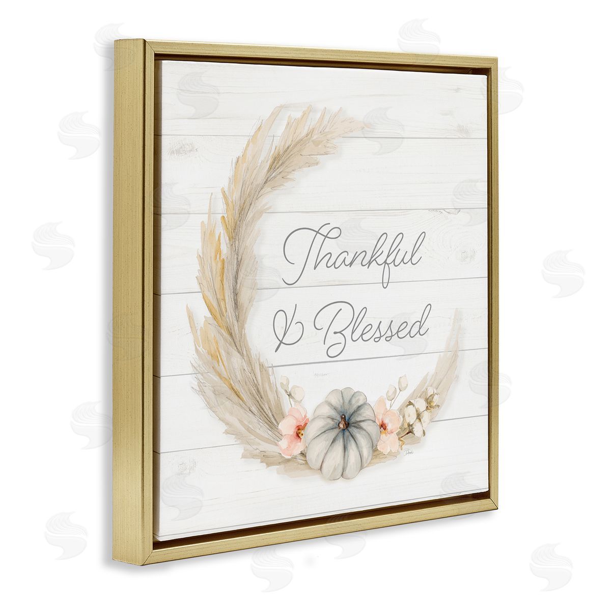 Patricia Pinto Thankful & Blessed Tender Autumnal Phrase Wreath  Gold Floating Frame Canvas Wall Art Print