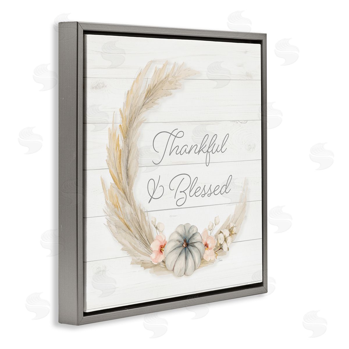 Patricia Pinto Thankful & Blessed Tender Autumnal Phrase Wreath  Gray Floating Frame Canvas Wall Art Print