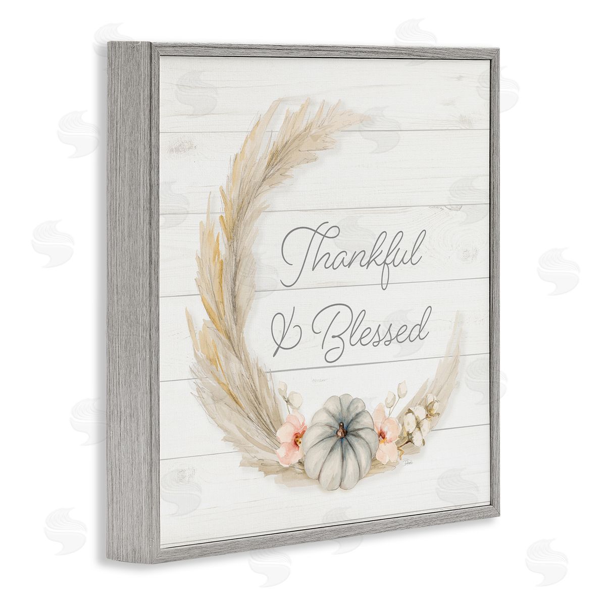 Patricia Pinto Thankful & Blessed Tender Autumnal Phrase Wreath  Gray Framed Glicee Wall Art Print