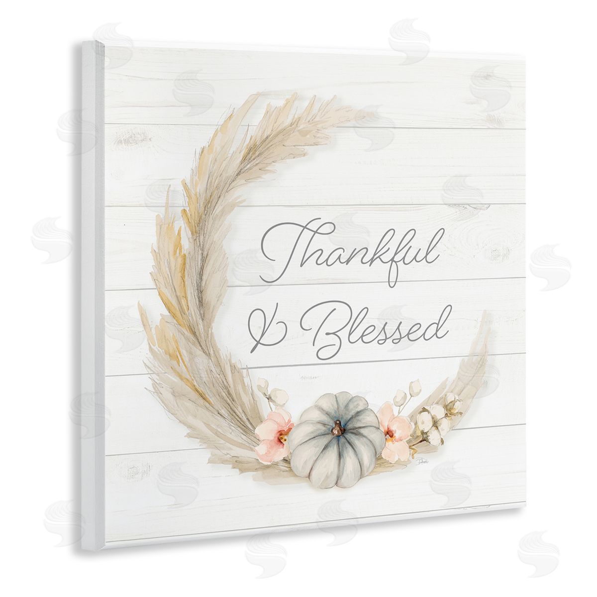 Patricia Pinto Thankful & Blessed Tender Autumnal Phrase Wreath  Wooden Wall Plaque Art Print