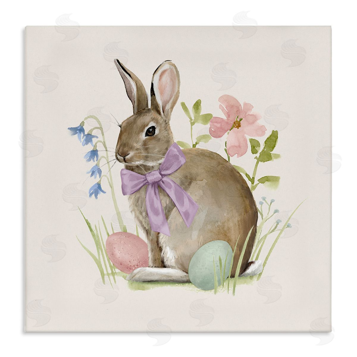 Victoria Barnes Spring Bunny Rabbit Easter Eggs Blossoming Flowers Stretched Canvas Wall Art Print