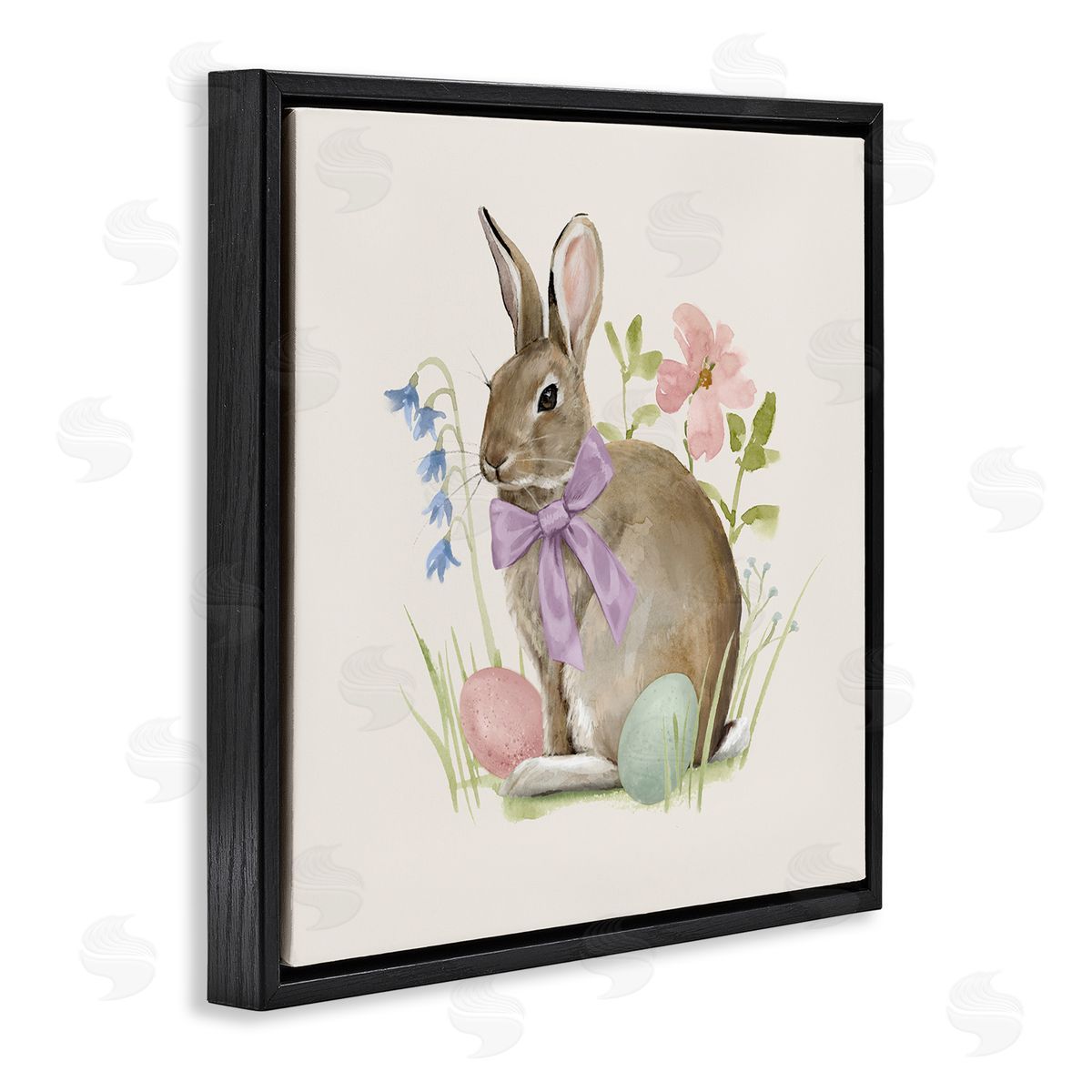 Victoria Barnes Spring Bunny Rabbit Easter Eggs Blossoming Flowers Black Floating Frame Canvas Wall Art Print