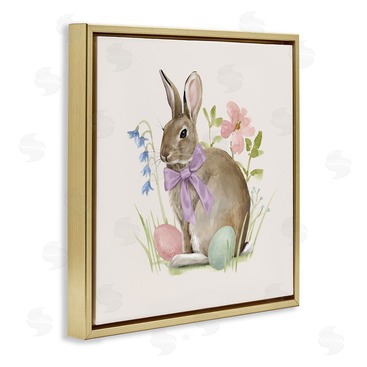 Victoria Barnes Spring Bunny Rabbit Easter Eggs Blossoming Flowers Gold Floating Frame Canvas Wall Art Print