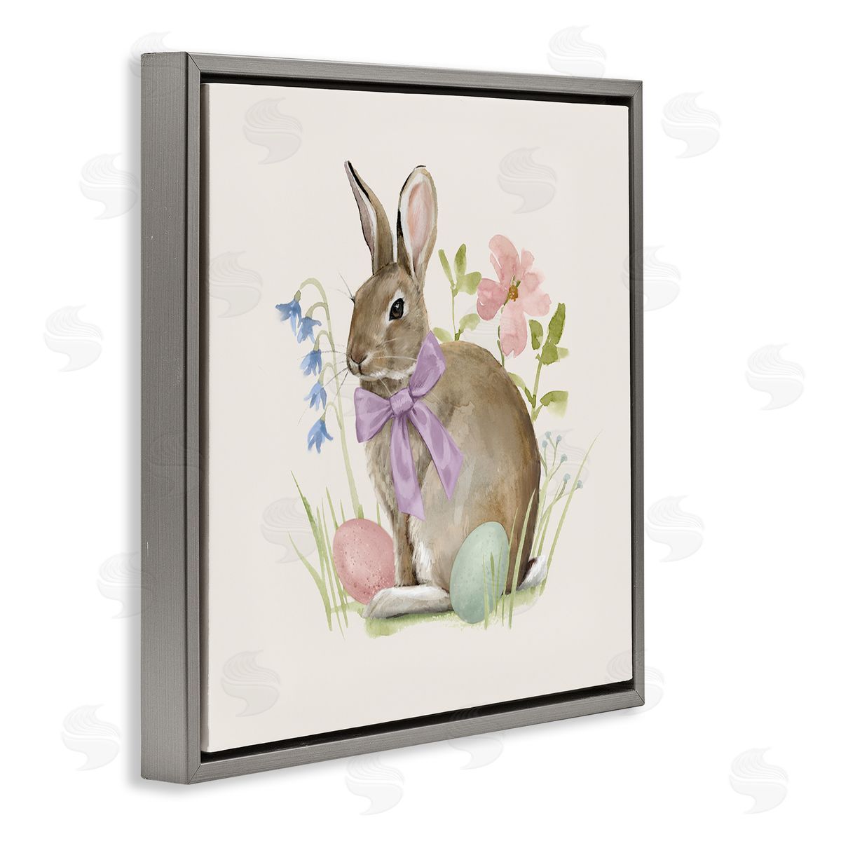 Victoria Barnes Spring Bunny Rabbit Easter Eggs Blossoming Flowers Gray Floating Frame Canvas Wall Art Print