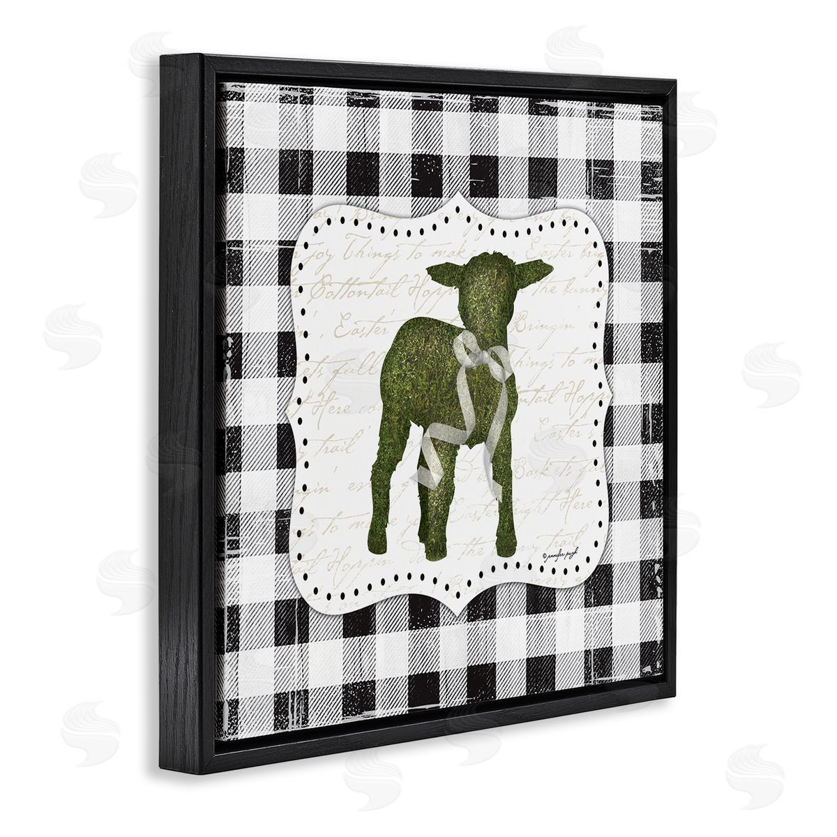 Jennifer Pugh Seasonal Easter Baby Calf Spring Tartan Pattern  Black Floating Frame Canvas Wall Art Print