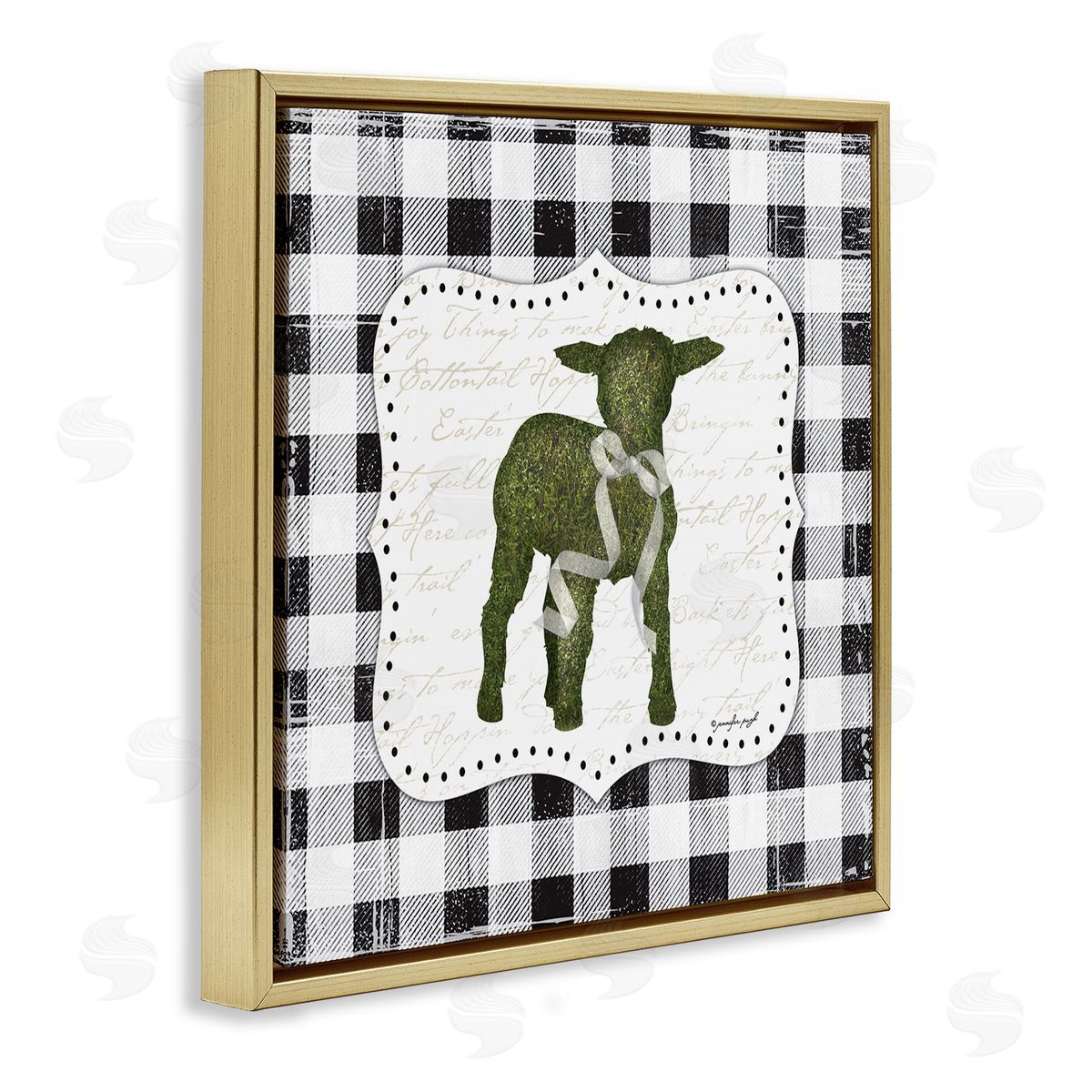 Jennifer Pugh Seasonal Easter Baby Calf Spring Tartan Pattern  Gold Floating Frame Canvas Wall Art Print