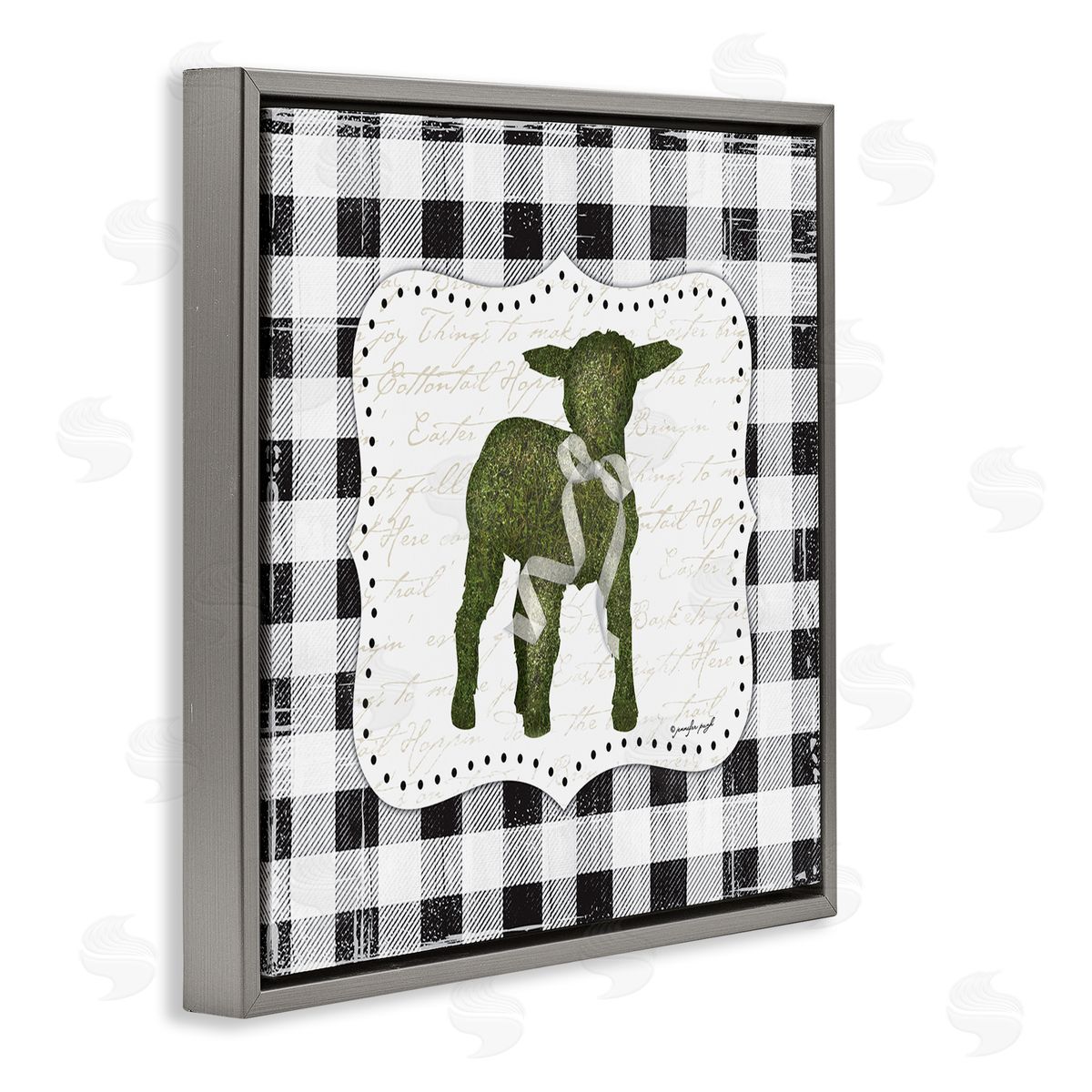 Jennifer Pugh Seasonal Easter Baby Calf Spring Tartan Pattern  Gray Floating Frame Canvas Wall Art Print