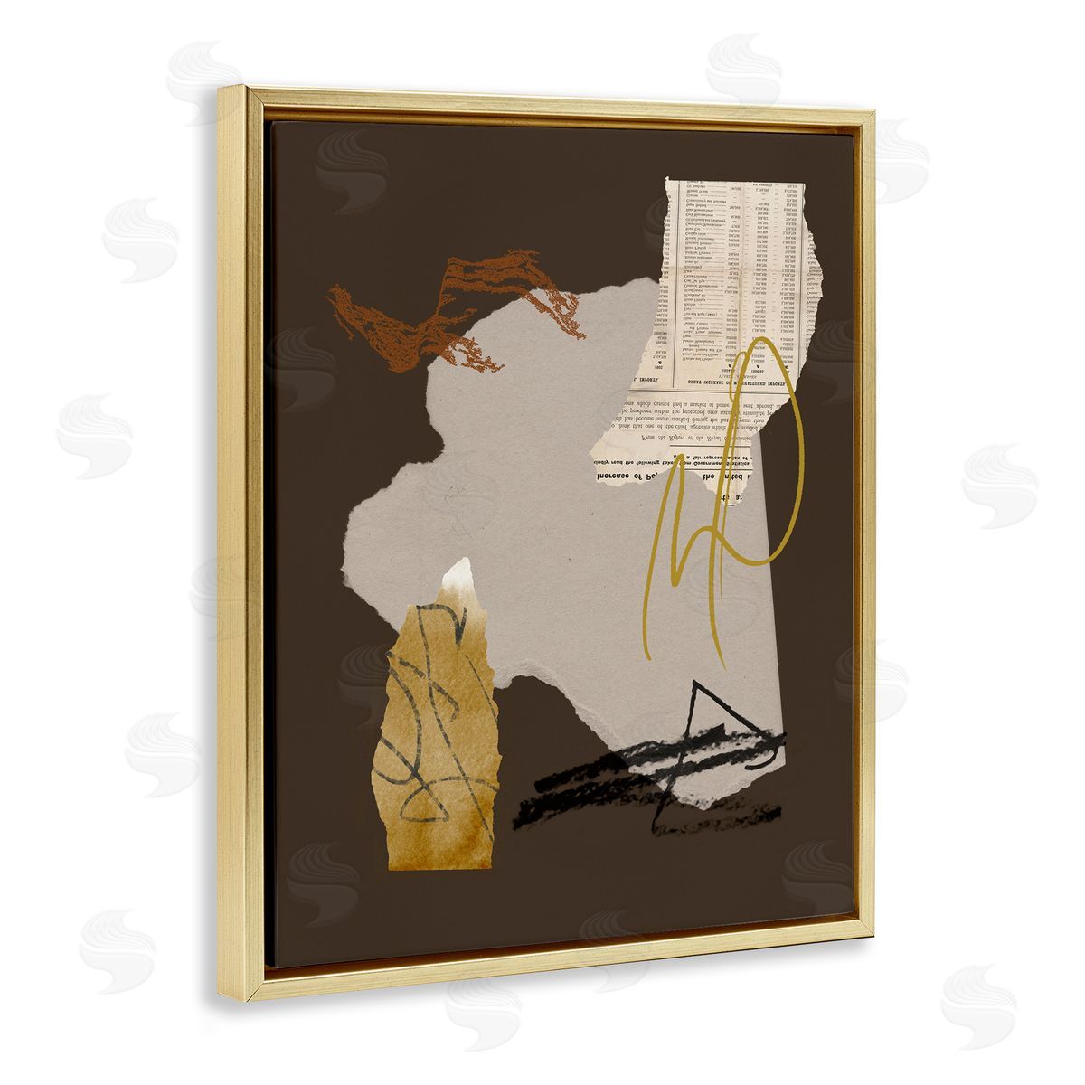 Melissa Wang Abstract Layered Paper Clippings Modern Gold Floating Frame Canvas Wall Art Print