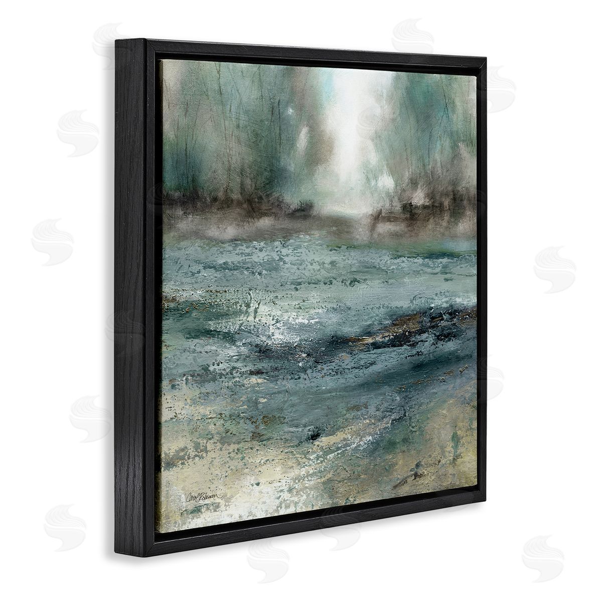 Carol Robinson Soothing Pond Nature Painting Abstract Blurred Trees Black Floating Frame Canvas Wall Art Print